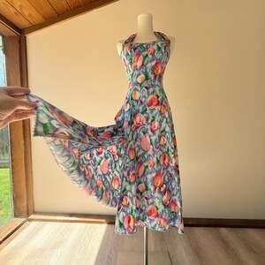 Vintage 1950s Floral Tulip Print Halter Handmade Swing Dress